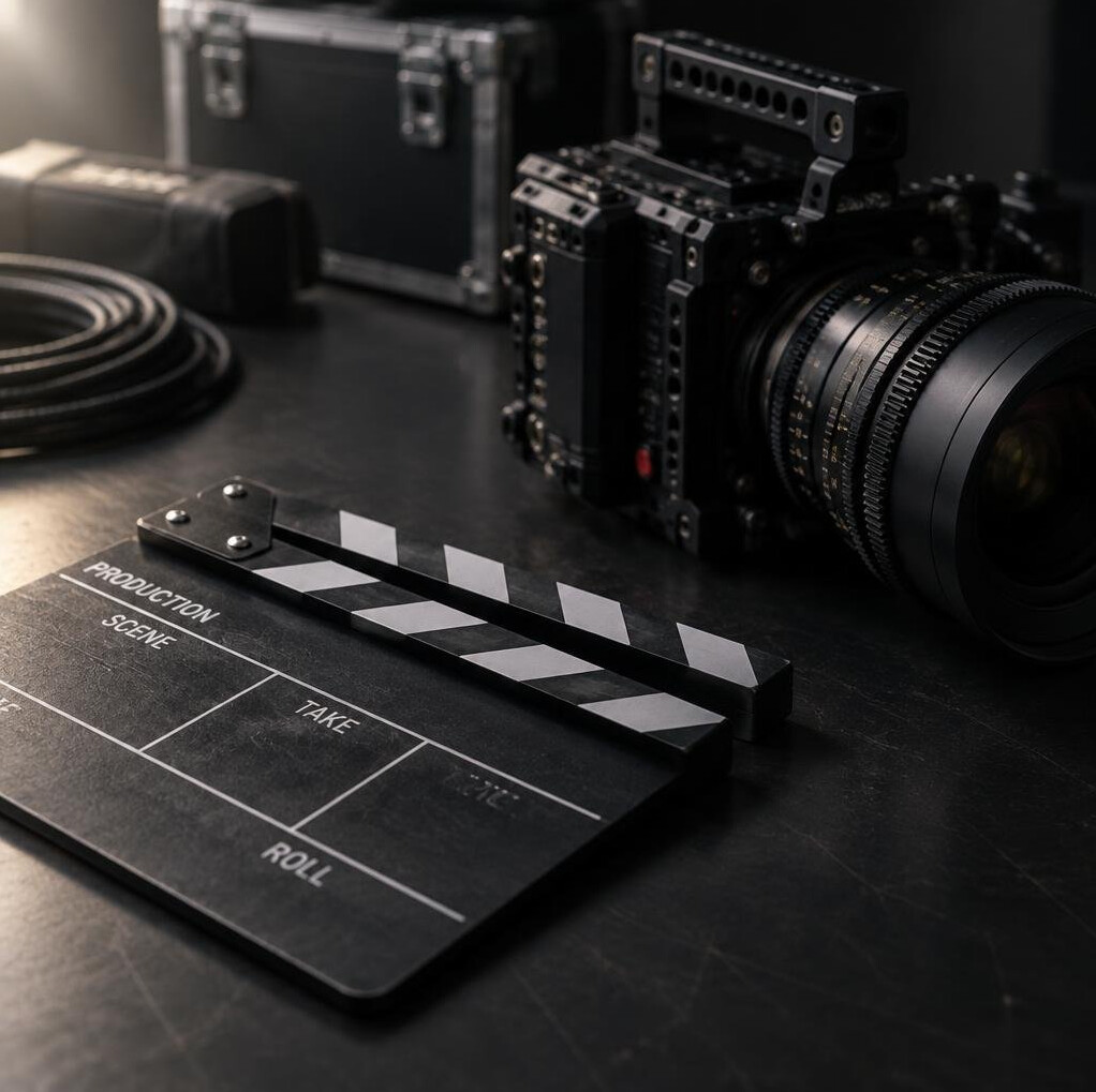 Film clapperboard and camera on a set