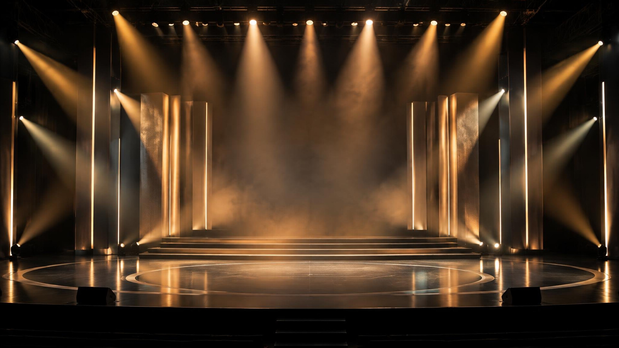 Concert stage with warm spotlights and clean beams of light