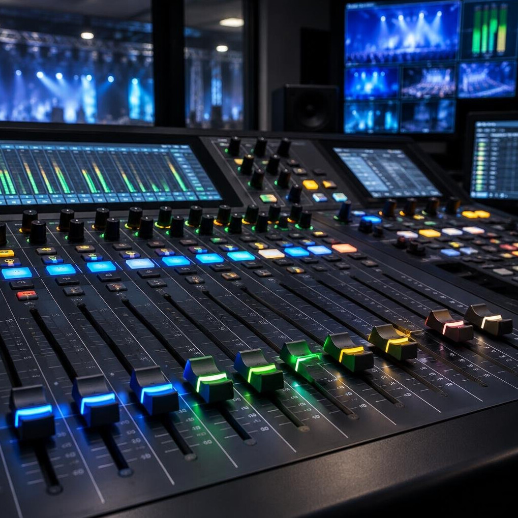 Audio mixing console with faders and buttons