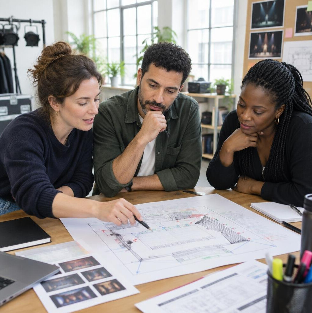 Production team reviewing a plan together around a table