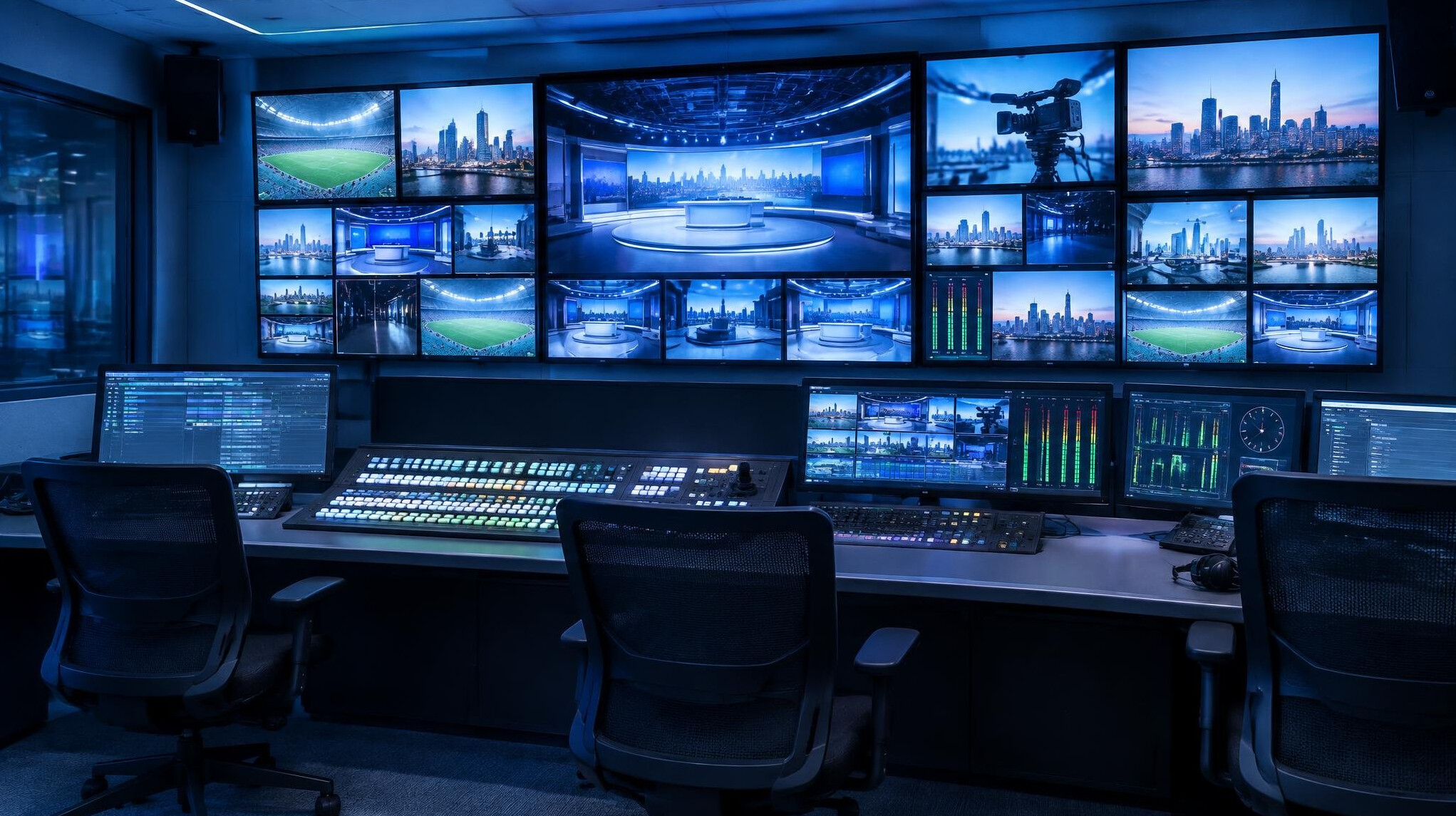 Video control room with multiple monitors