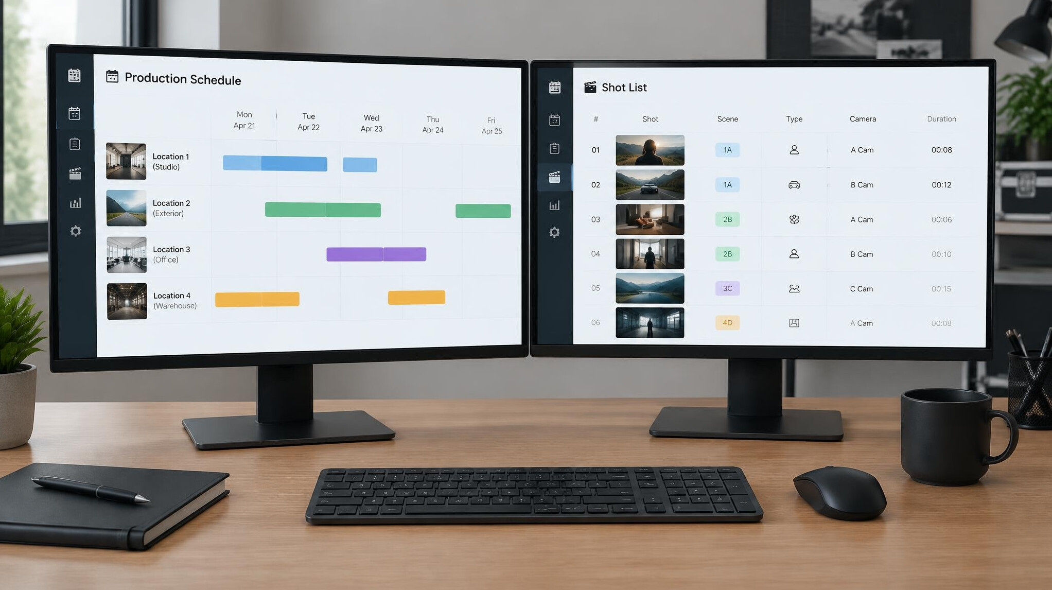 Monitors showing schedules and production dashboards