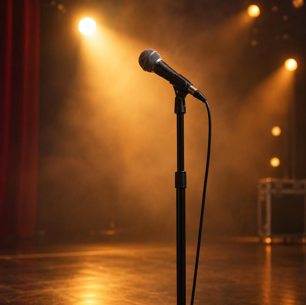 Stage microphone lit by colourful stage lights