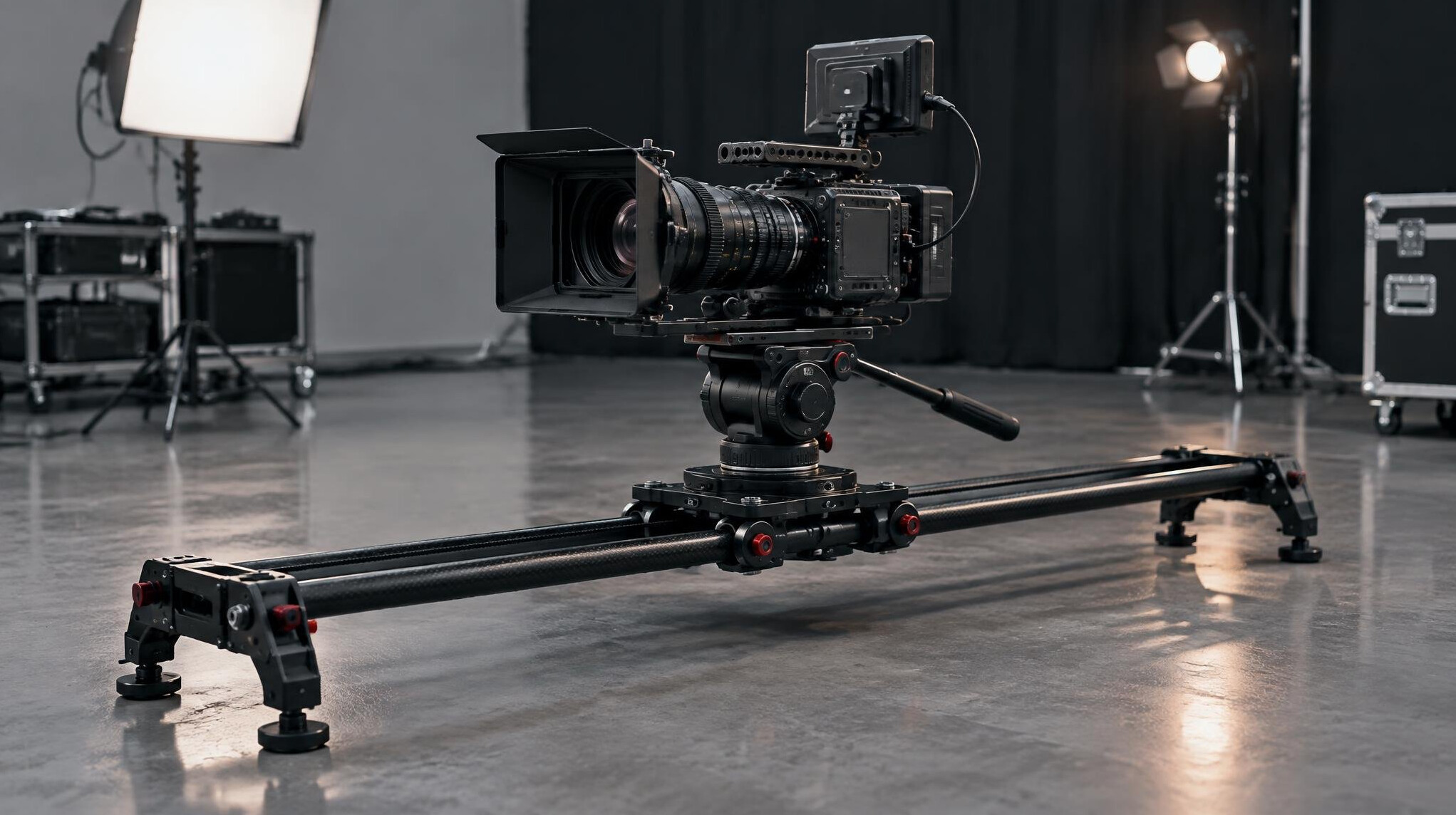 Cinema camera on a rig with a slider