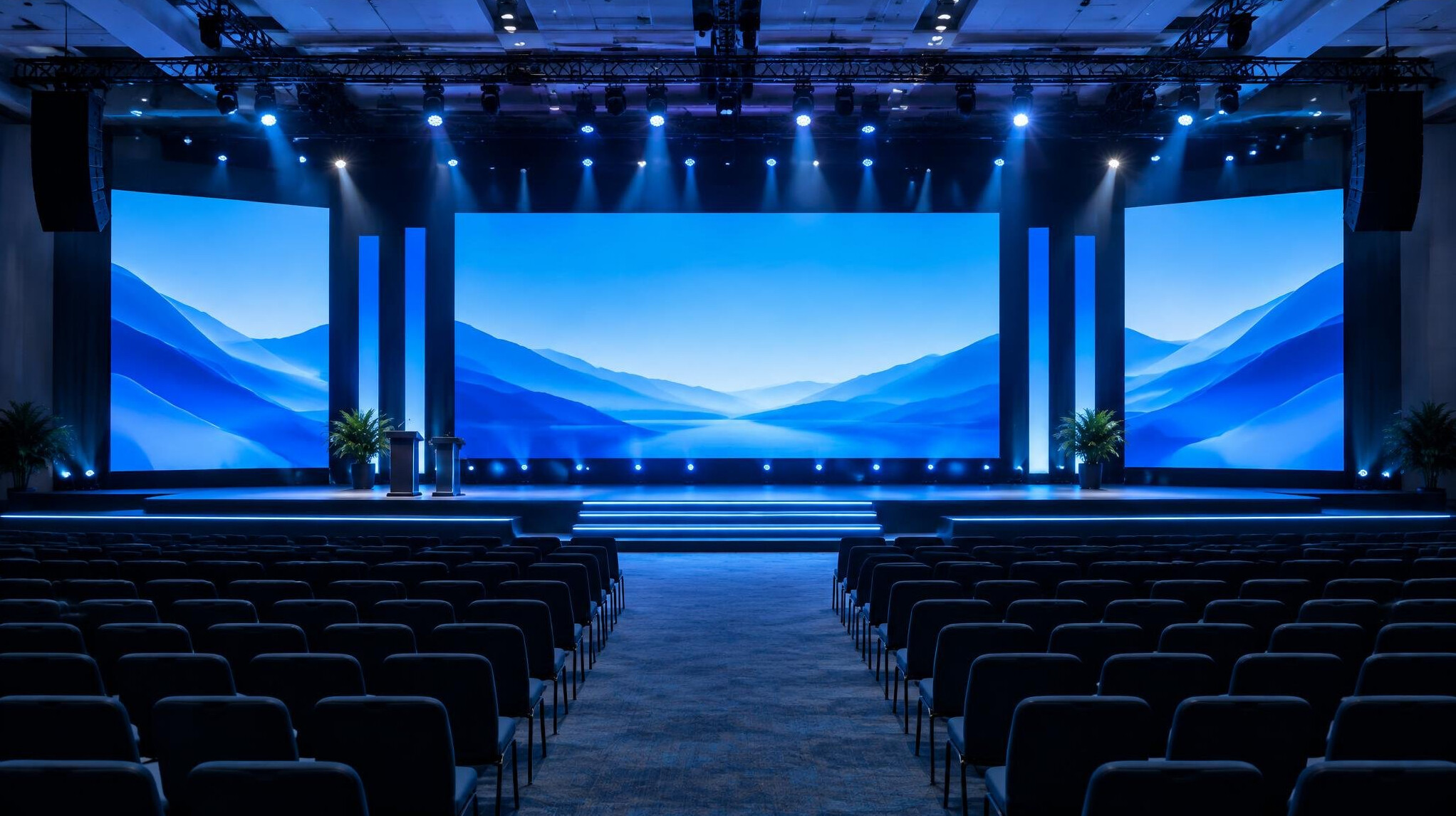 Event stage with wide framing and screens