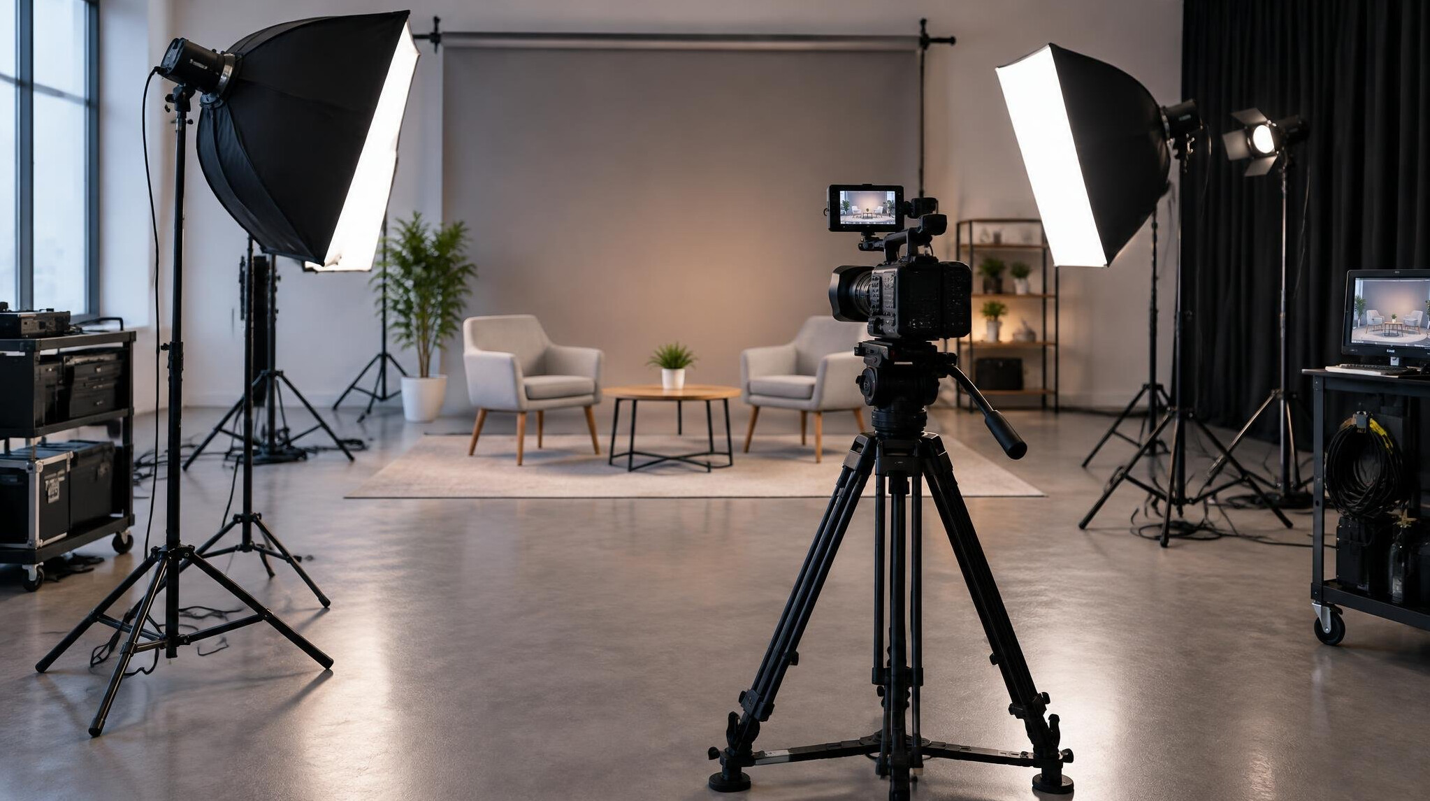 Film set with camera equipment and lights