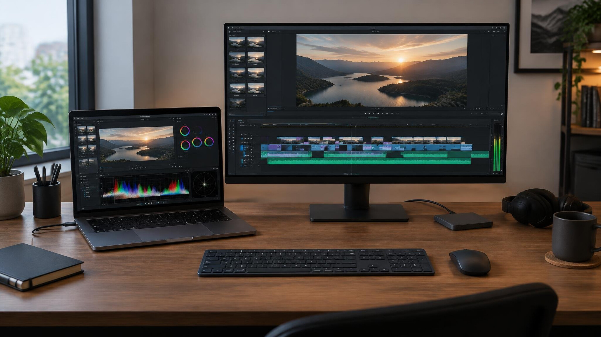 Laptop and monitor on a tidy editing desk