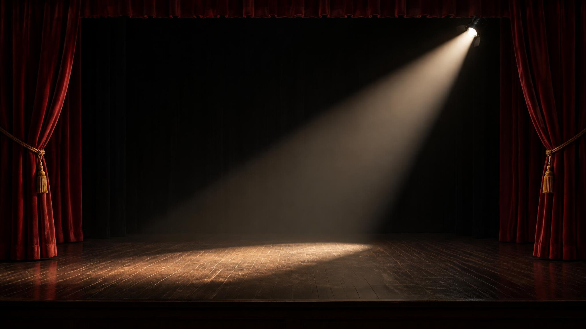 Theatre stage with red curtains and spotlight